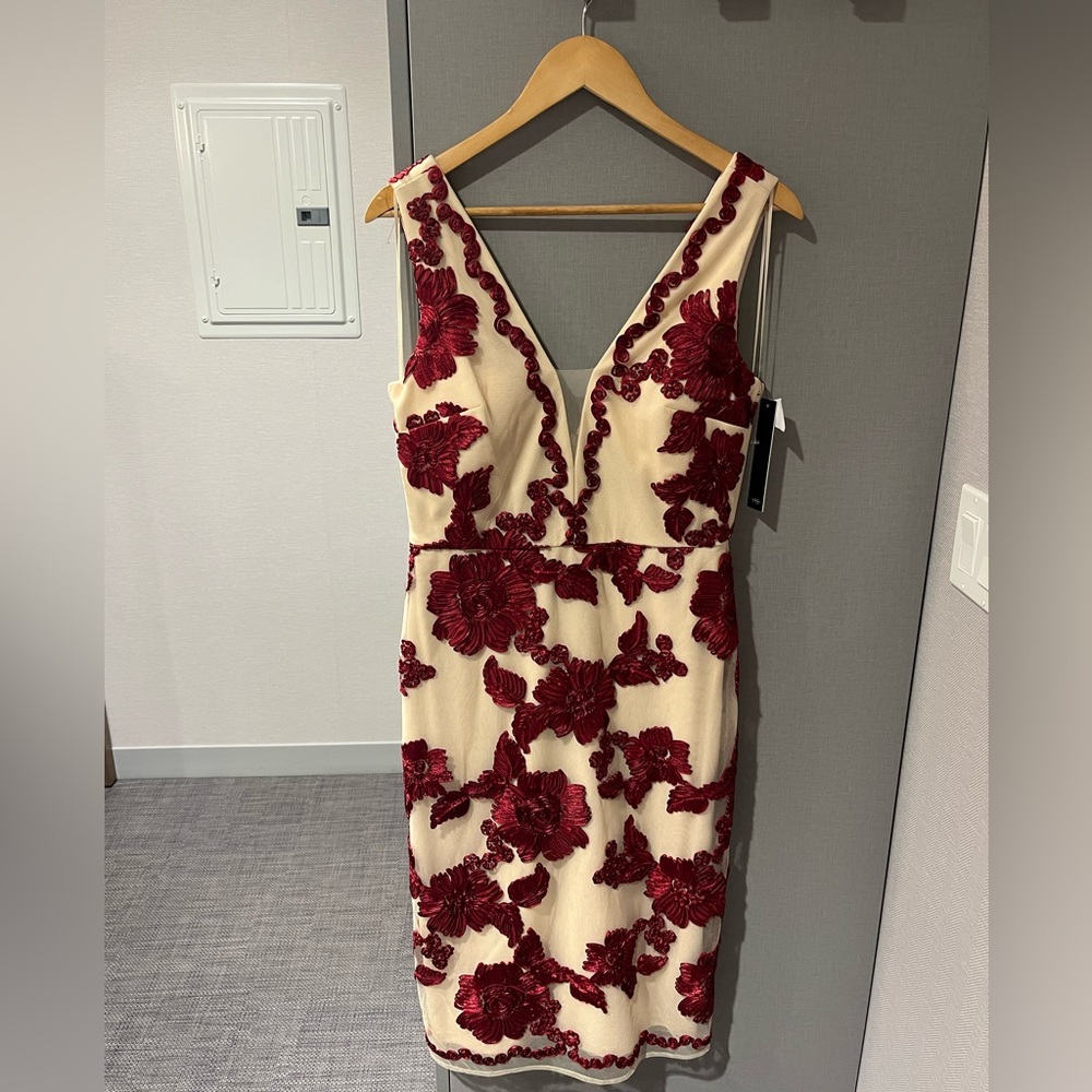 NWT size 8  Nicole Miller Nude & Ruby Red Floral Embroidered Tulle Dress